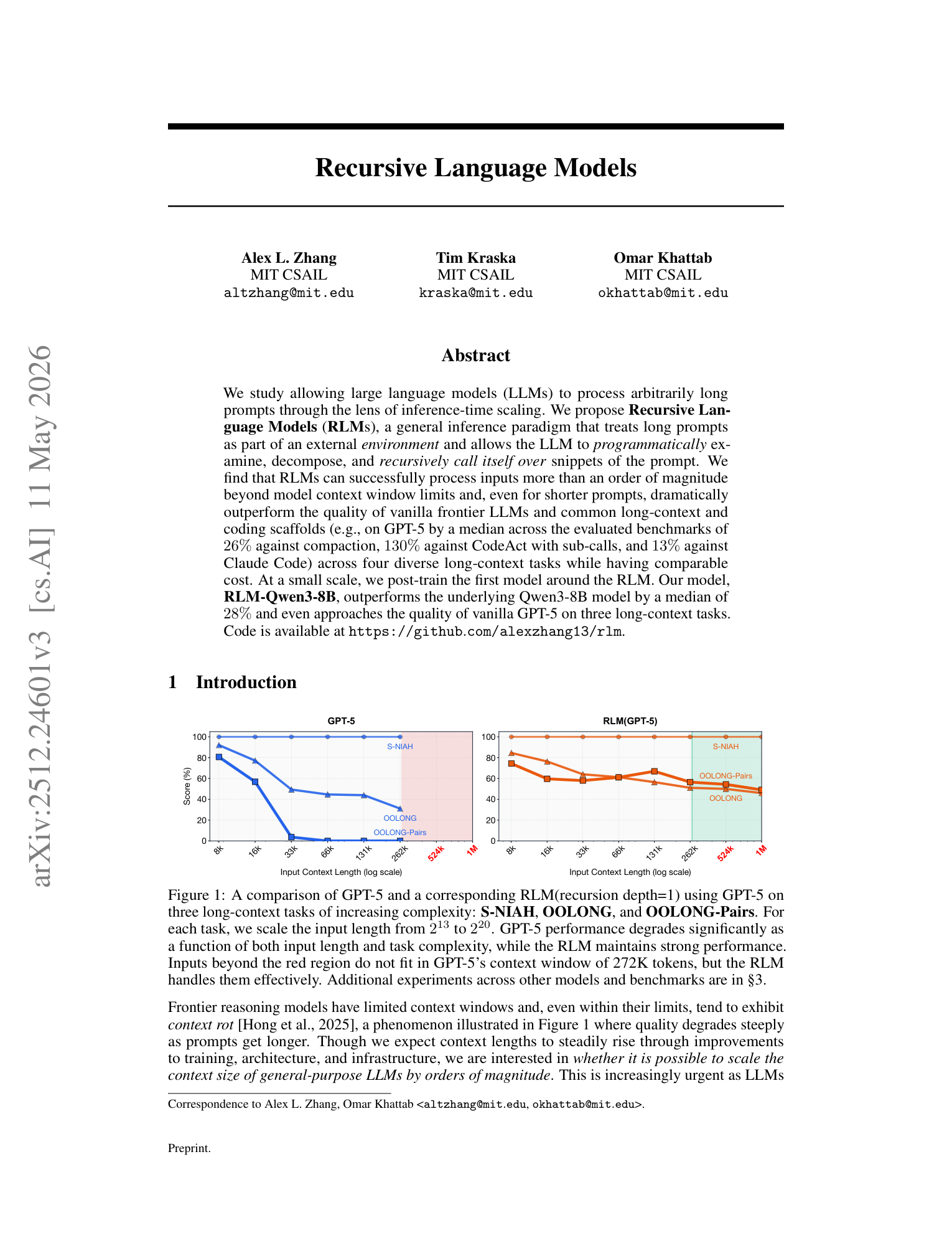Page 1 of Recursive Language Models (arXiv 2512.24601v3)
